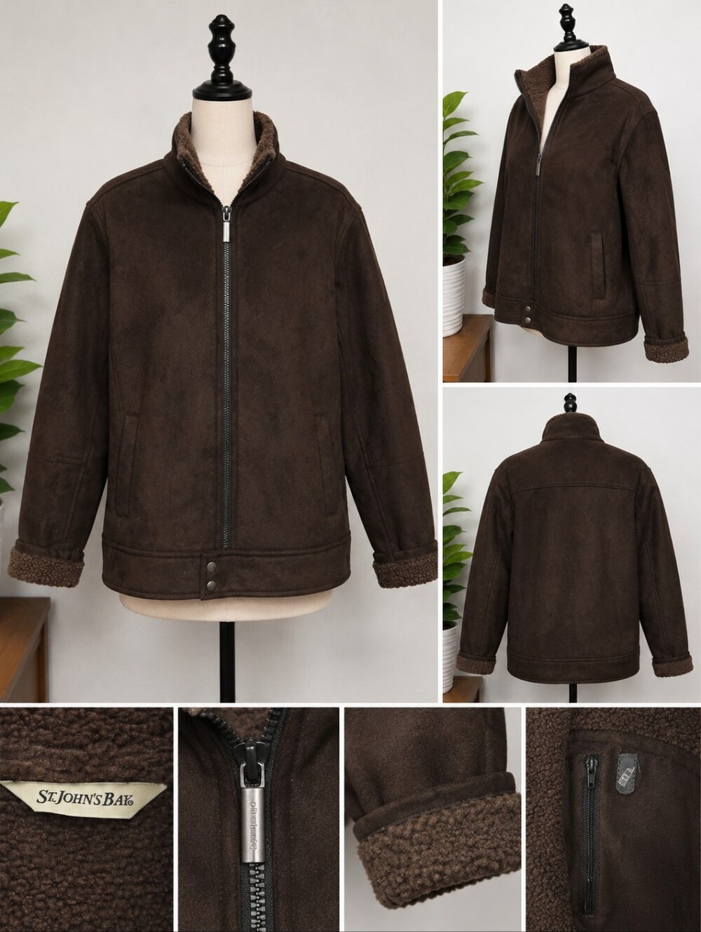 St Johns Bay Mens XL Brown Faux Shearling Sherpa Jacket Coat Full Zip